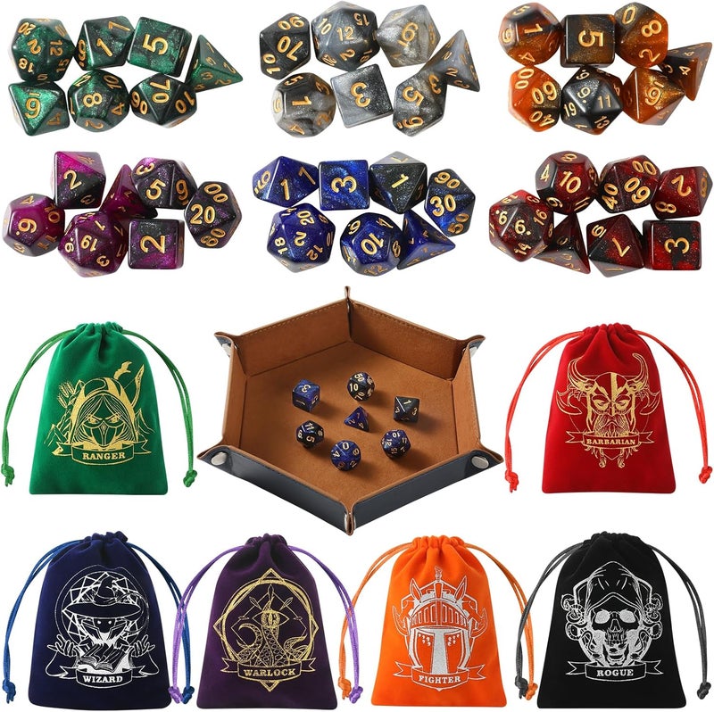 Grajar D&D Dice Set with Characters Pattern Dice Pouches, 42 Pcs polyhedral dice Set, PU Leather and Velvet dice Tray for Dungeons and Dragons D&D RPG MTG Table Games Starry Sky - Image 1